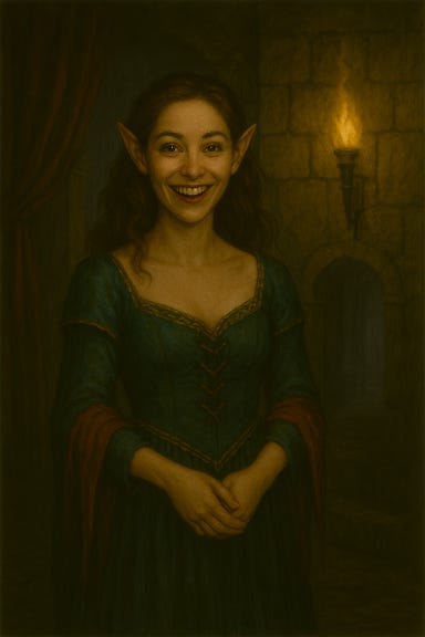 Silverleaf stands in the grand hall of Castle Ravenloft, dressed in her party attire and looking a little too happy for the setting. She has elven features and a look reminiscent of Tatyana Maslany without directly referencing her. Her gown is elegant and flowing, in shades of moonlight silver and deep forest green, with delicate embroidery and soft, shimmering textures. Her hair is styled in loose waves, and her eyes sparkle with joy and mischief. She stands beneath a towering chandelier of wrought iron and crystal, surrounded by gothic arches, flickering candelabras, and shadowed tapestries. Her posture is relaxed, almost celebratory, with a wide smile that feels out of place in the somber, haunted atmosphere of Ravenloft. The contrast between her mood and the castle’s gloom creates a surreal, unsettling tension.