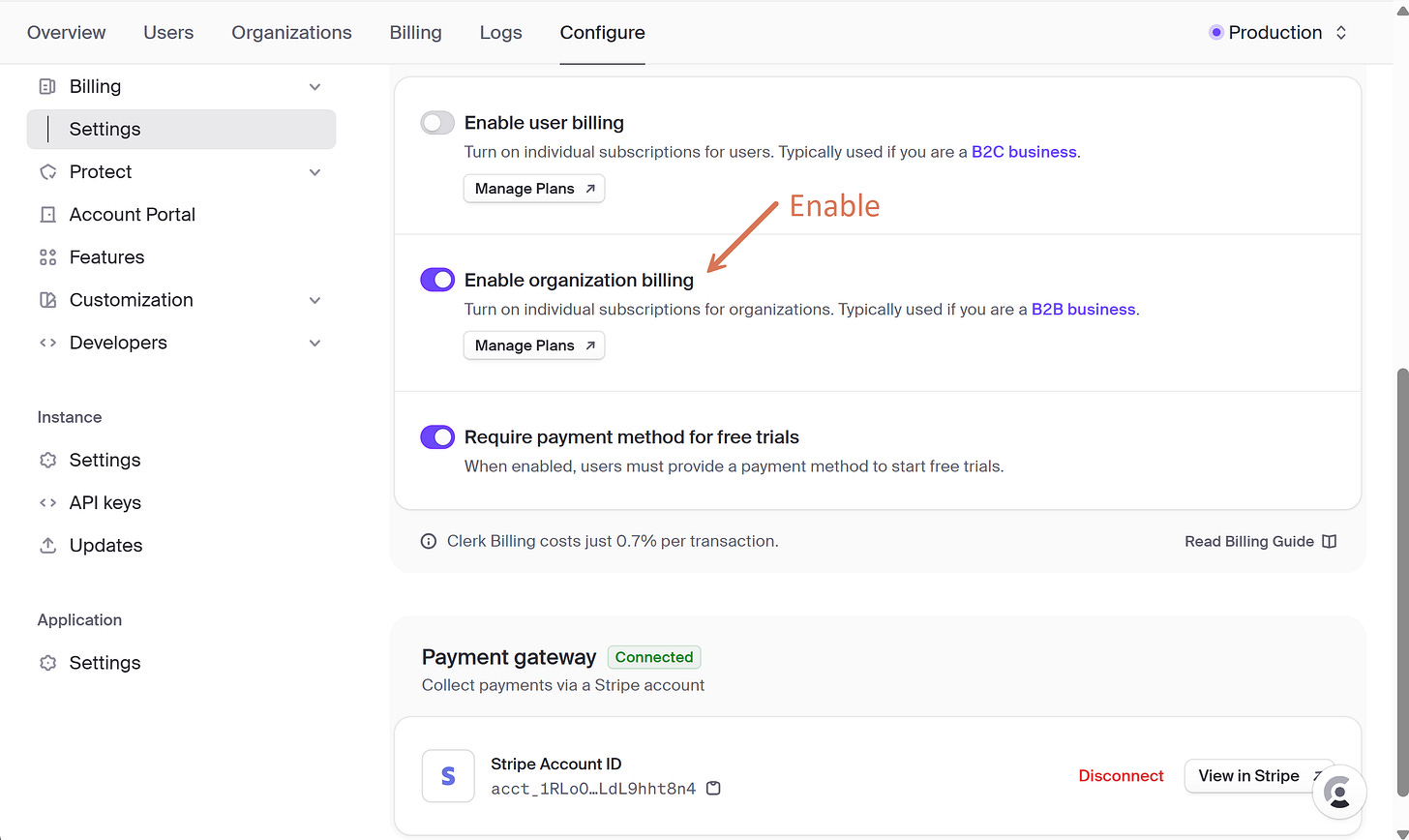 Clerk production instance with Stripe connected and organization billing enabled Clerk production instance with Stripe connected and organization billing enabled
