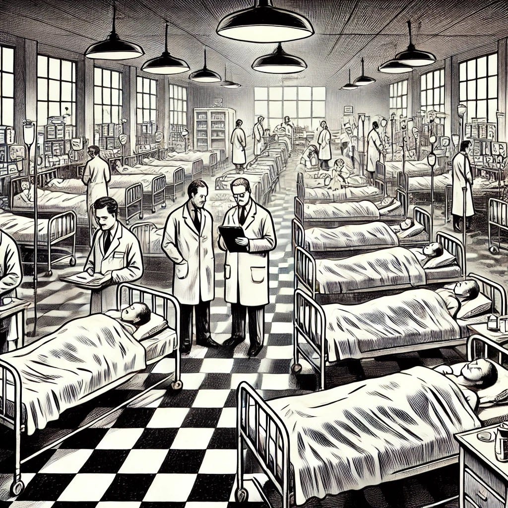 A black-and-white cartoon illustration depicts a hospital ward filled with patients lying in rows of beds. Some patients are sitting up while others rest under blankets. Researchers in lab coats stand at the front of the room, holding clipboards and taking notes. The ward has a vintage medical setting with simple furnishings, curtains between some beds, and medical equipment visible. The atmosphere suggests a scene of scientific observation and healthcare in an earlier time period.