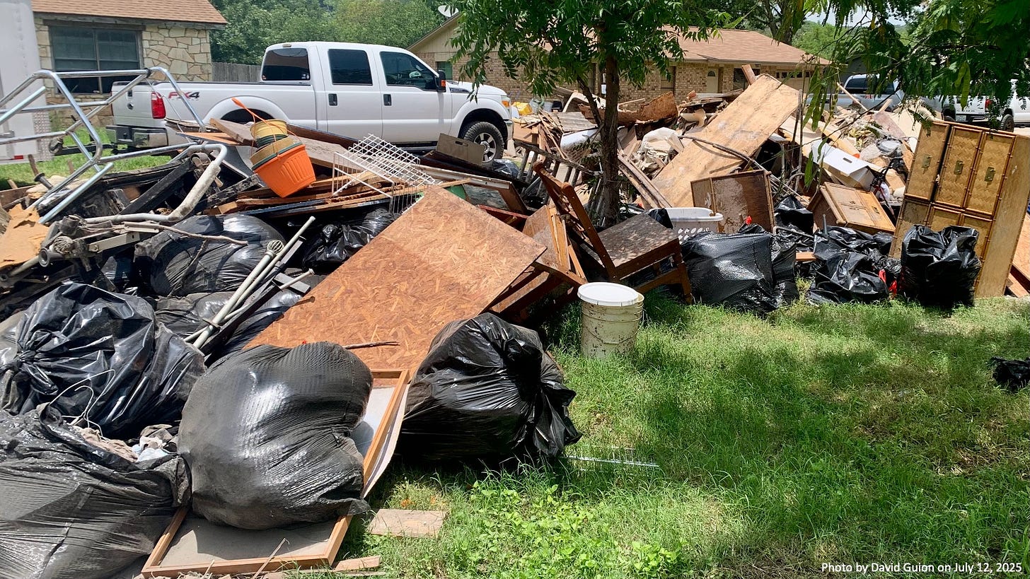 Image of debris from homes affected by 2025 Texas Hill Country Flood.