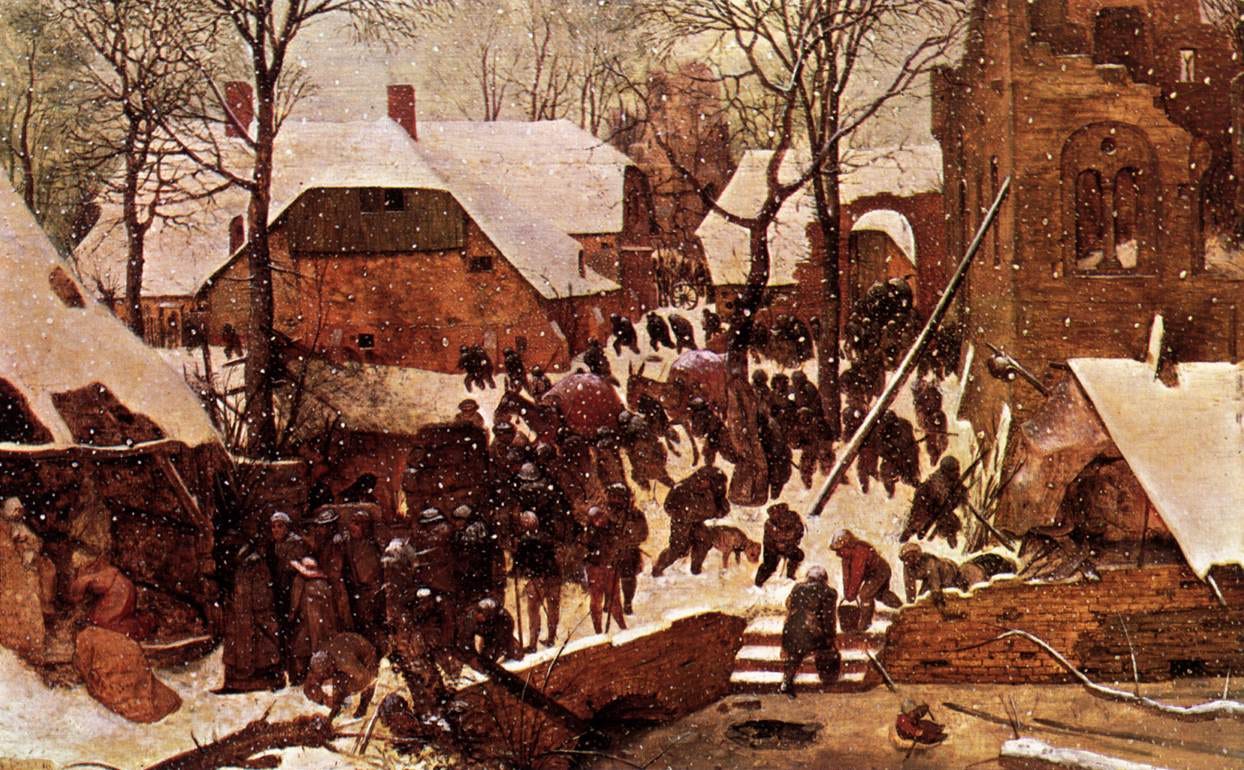 Falling snow half hides a Flemish village where the three kings visit the newborn Christ Falling snow half hides a Flemish village where the three kings visit the newborn Christ
