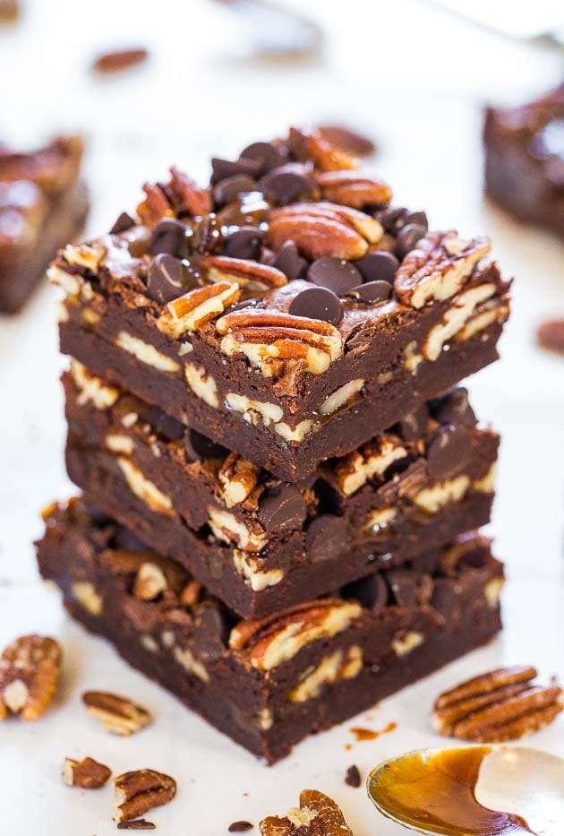 A stack of three turtle brownies. A stack of three turtle brownies.