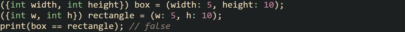 ({int width, int height}) box = (width: 5, height: 10); ({int w, int h}) rectangle = (w: 5, h: 10); print(box == rectangle); // false ({int width, int height}) box = (width: 5, height: 10); ({int w, int h}) rectangle = (w: 5, h: 10); print(box == rectangle); // false