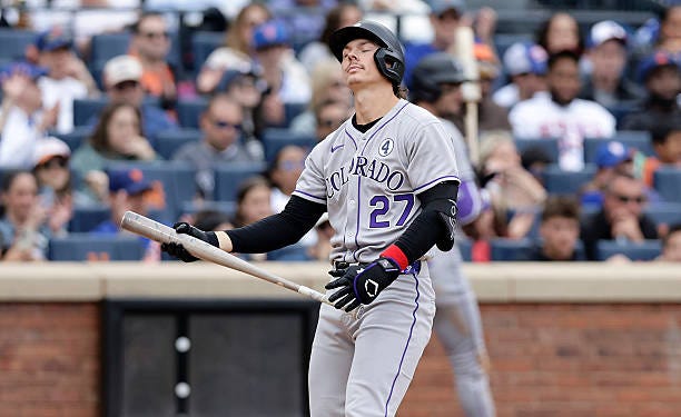 Jordan Beck of the Colorado Rockies reacts after striking out to end the eighth inning against the New York Mets at Citi Field on June 01, 2025 in...