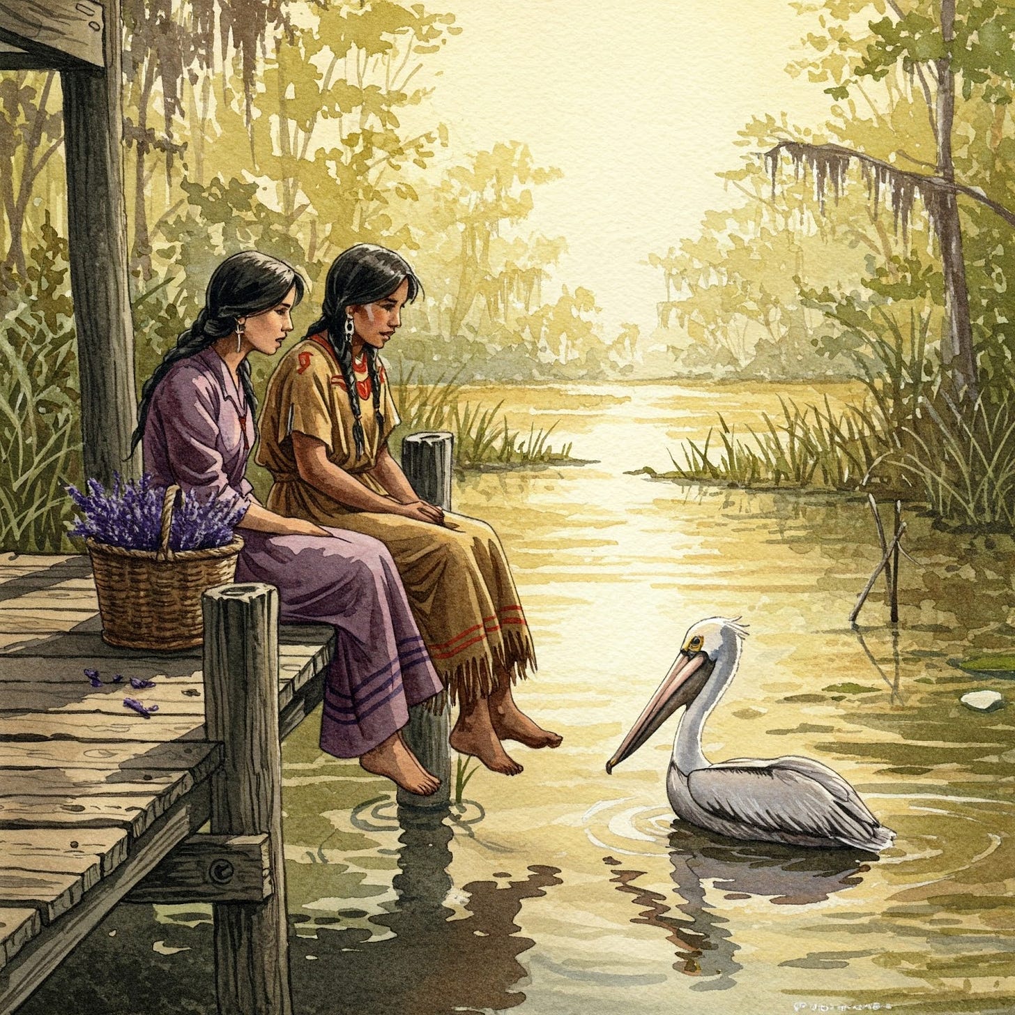 Image of Cajun woman and her Chitimacha native friend sitting on a dock watching a brown pelican in 1890s. Image of Cajun woman and her Chitimacha native friend sitting on a dock watching a brown pelican in 1890s.