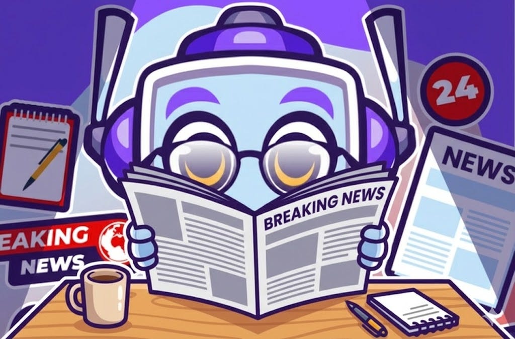 Cartoon Neuralbuddy robot character with glasses and headphones sitting at a wooden desk, reading a newspaper with the headline 'BREAKING NEWS'.