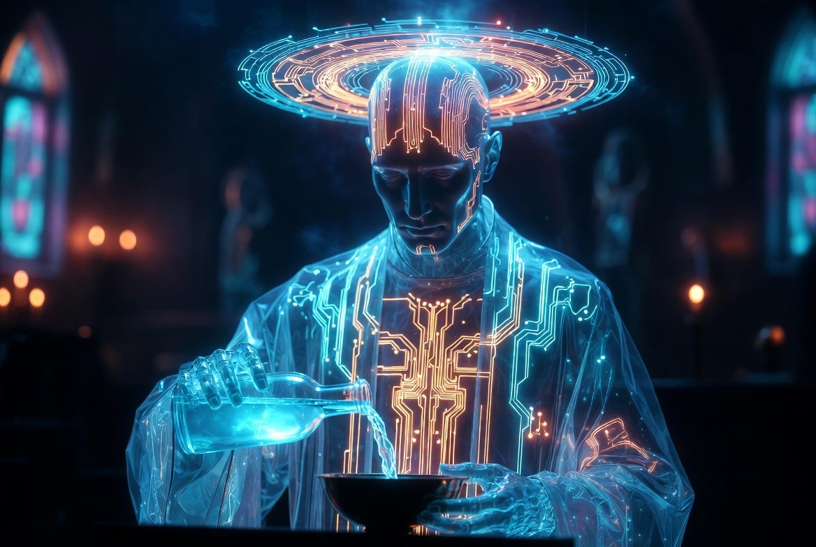 AI priest pouring blue liquid