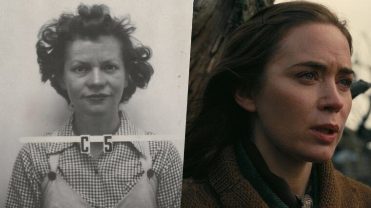 Montagem com fotos de Kitty Oppenheimer na vida real e no filme (Reprodução)