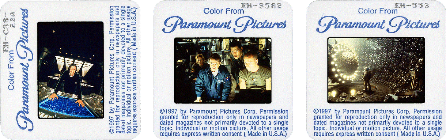 EVENT HORIZON slides; left photo by Andrew McPherson, middle and right by Tom Collins, courtesy of Paramount Pictures