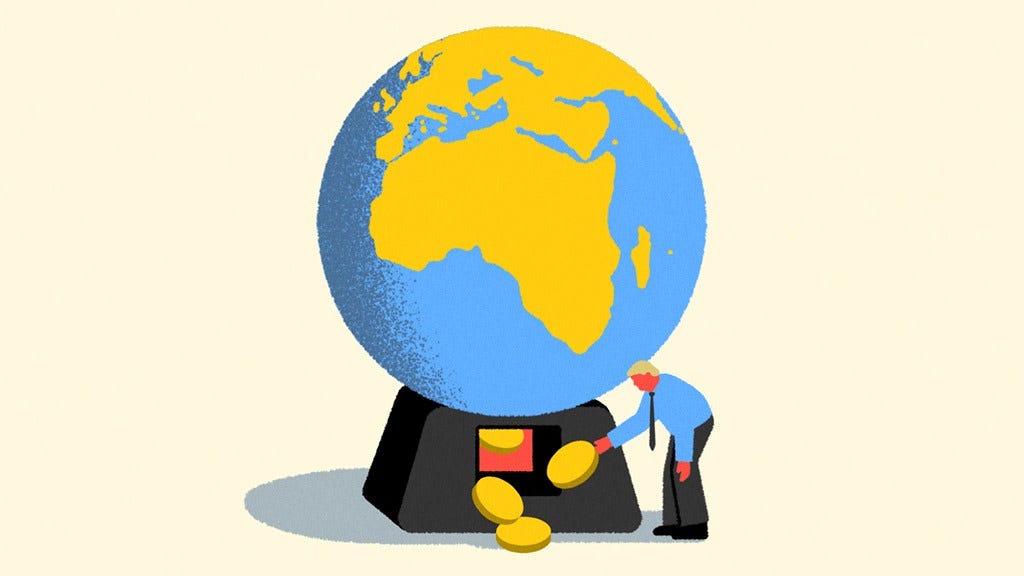 An illustration showing a person collecting large gold coins from a globe depicted as a vending machine, with Africa and Europe visible.