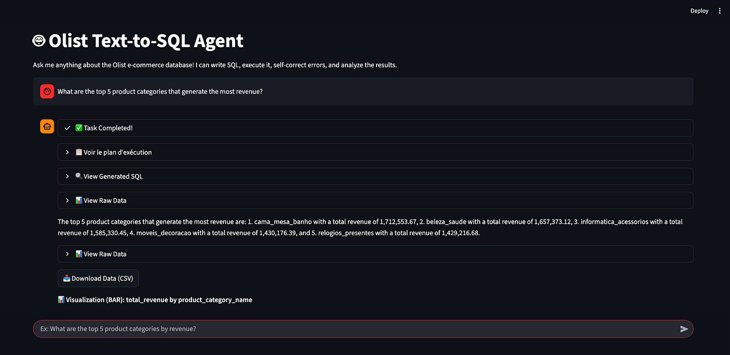 A dark mode web application interface showing a user asking for the top 5 product categories by revenue, and the agent providing a text summary of the answer. A dark mode web application interface showing a user asking for the top 5 product categories by revenue, and the agent providing a text summary of the answer.