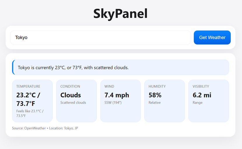 SkyPanel weather dashboard showing temperature, condition, wind, humidity, and visibility for a searched city.