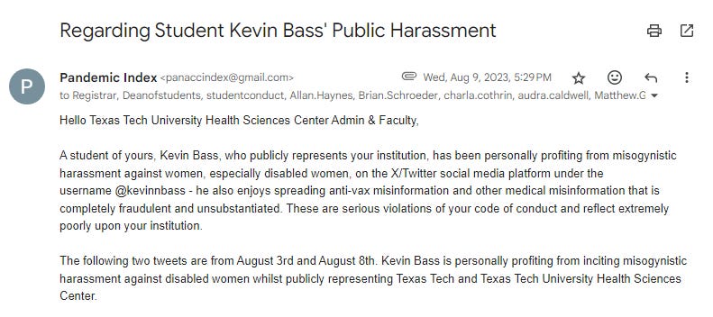 Text of an email to Texas Tech administration regarding Kevin Bass' misogynistic harassment Text of an email to Texas Tech administration regarding Kevin Bass' misogynistic harassment