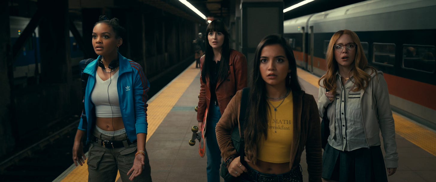 Mattie Franklin (Celeste O’Connor), Cassandra Webb (Dakota Johnson), Anya Corazon (Isabela Merced), and Julia Cornwall (Sydney Sweeney) in Columbia Pictures’ Madame Web Mattie Franklin (Celeste O’Connor), Cassandra Webb (Dakota Johnson), Anya Corazon (Isabela Merced), and Julia Cornwall (Sydney Sweeney) in Columbia Pictures’ Madame Web