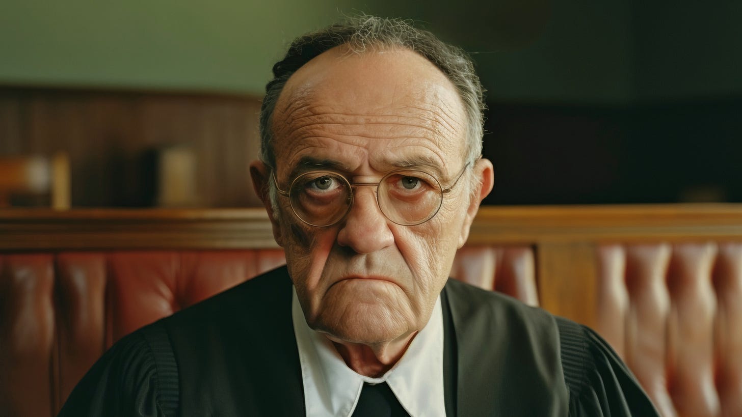 Face of stern older man wearing a black robe in a courtroom
