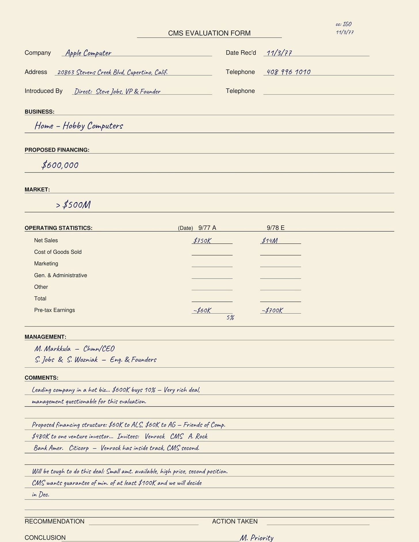 Don Valentine’s 1977 evaluation memo for Apple Computer, listing the investment as a medium priority.