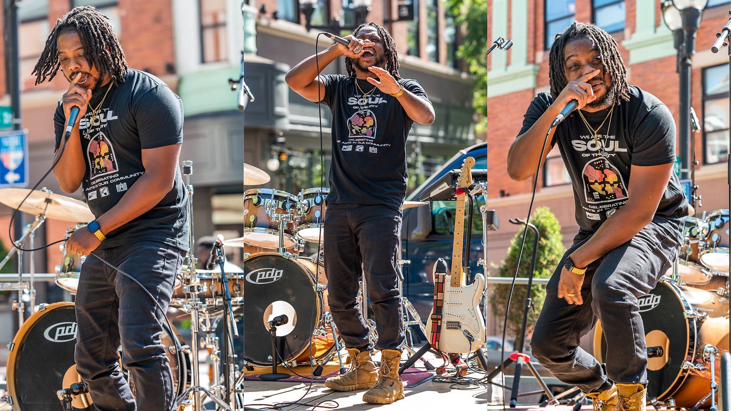 A collage of photographs picturing Zeeky El performing live at Soul of the City Fest 2023 in Wilmington, Delaware A collage of photographs picturing Zeeky El performing live at Soul of the City Fest 2023 in Wilmington, Delaware