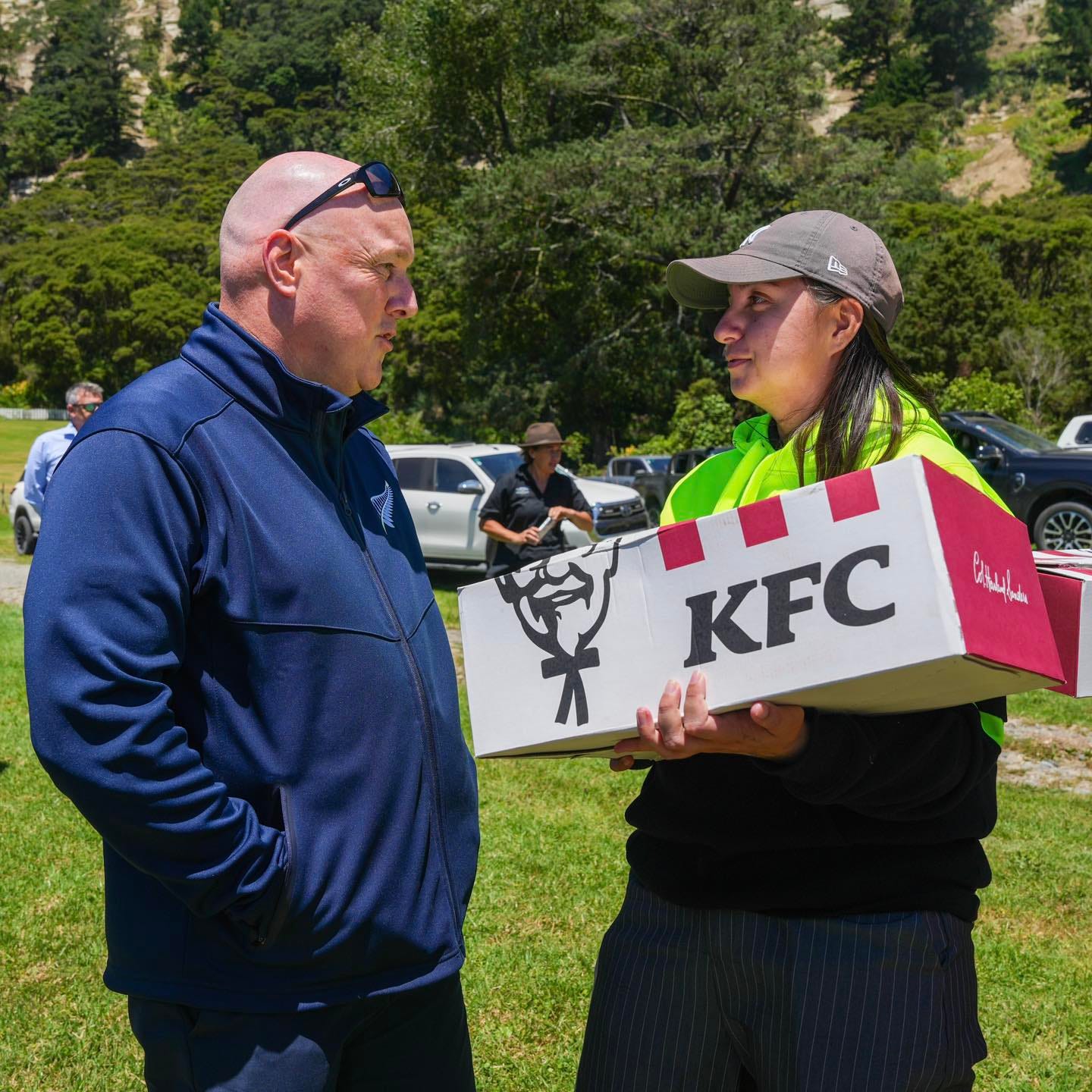 Christopher Luxon arrives with KFC. Christopher Luxon arrives with KFC.