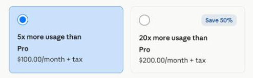 The Max plan's two options: 5x more usage for $100 and 20x for $200