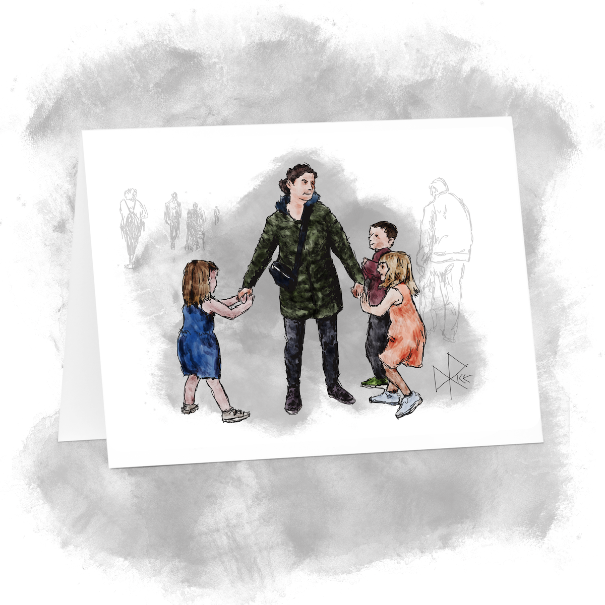 At the mall, three young children playfully pull at the arms and jacket of a woman. Sketch art by Don Rice.