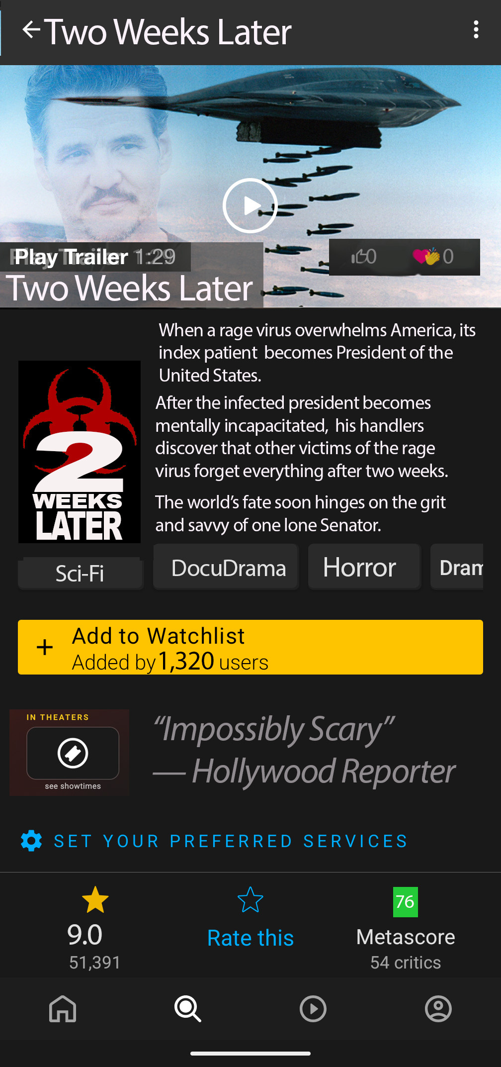 MDB style graphic for the movie with this blurb: When a rage virus overwhelms America, its index patient  becomes President of the  United States. After the infected president becomes  mentally incapacitated,  his handlers discover that other victims of the rage virus forget everything after two weeks.The world’s fate soon hinges on the grit  and savvy of one lone Senator.