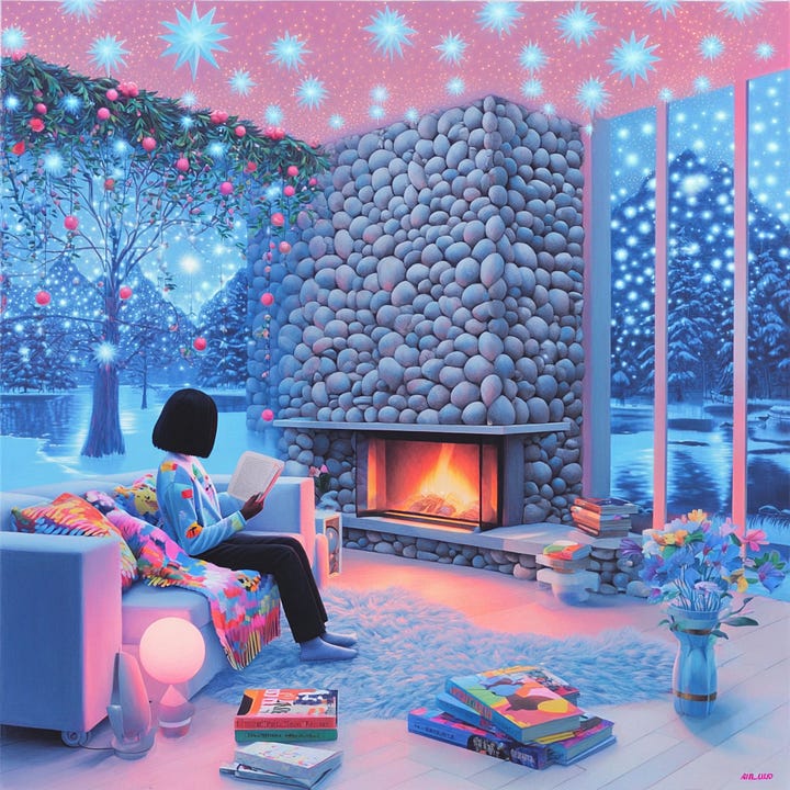 Scenes of cosy, a black woman in a cartoon style sits in front of an open fireplace, a large glass window with snowy winter scene outside
