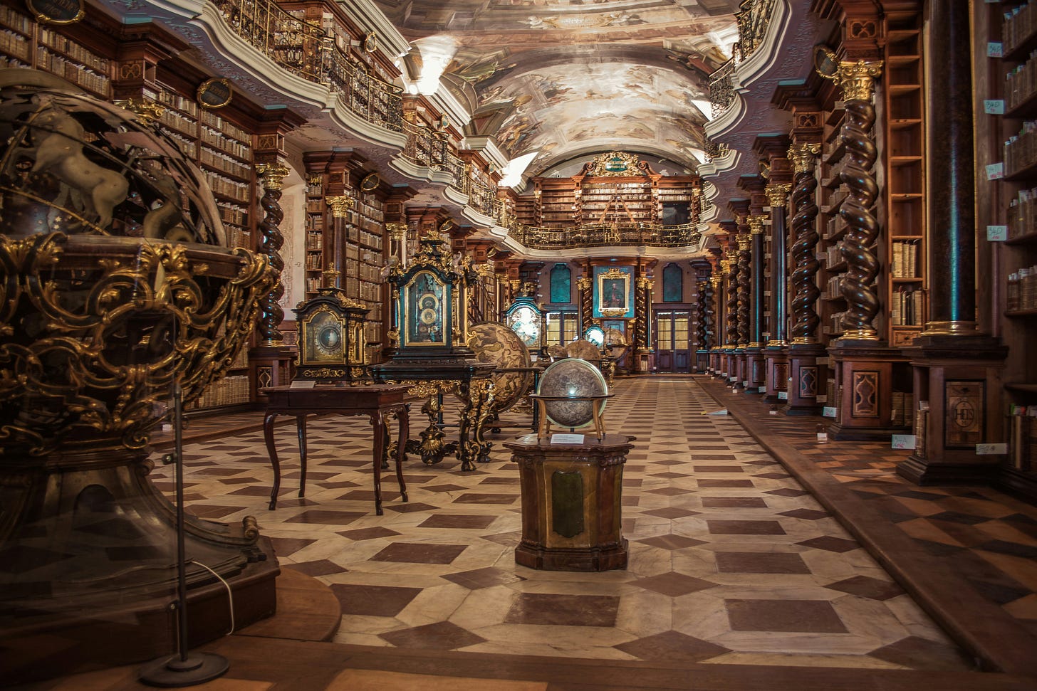 brown and blue desk globe in a library