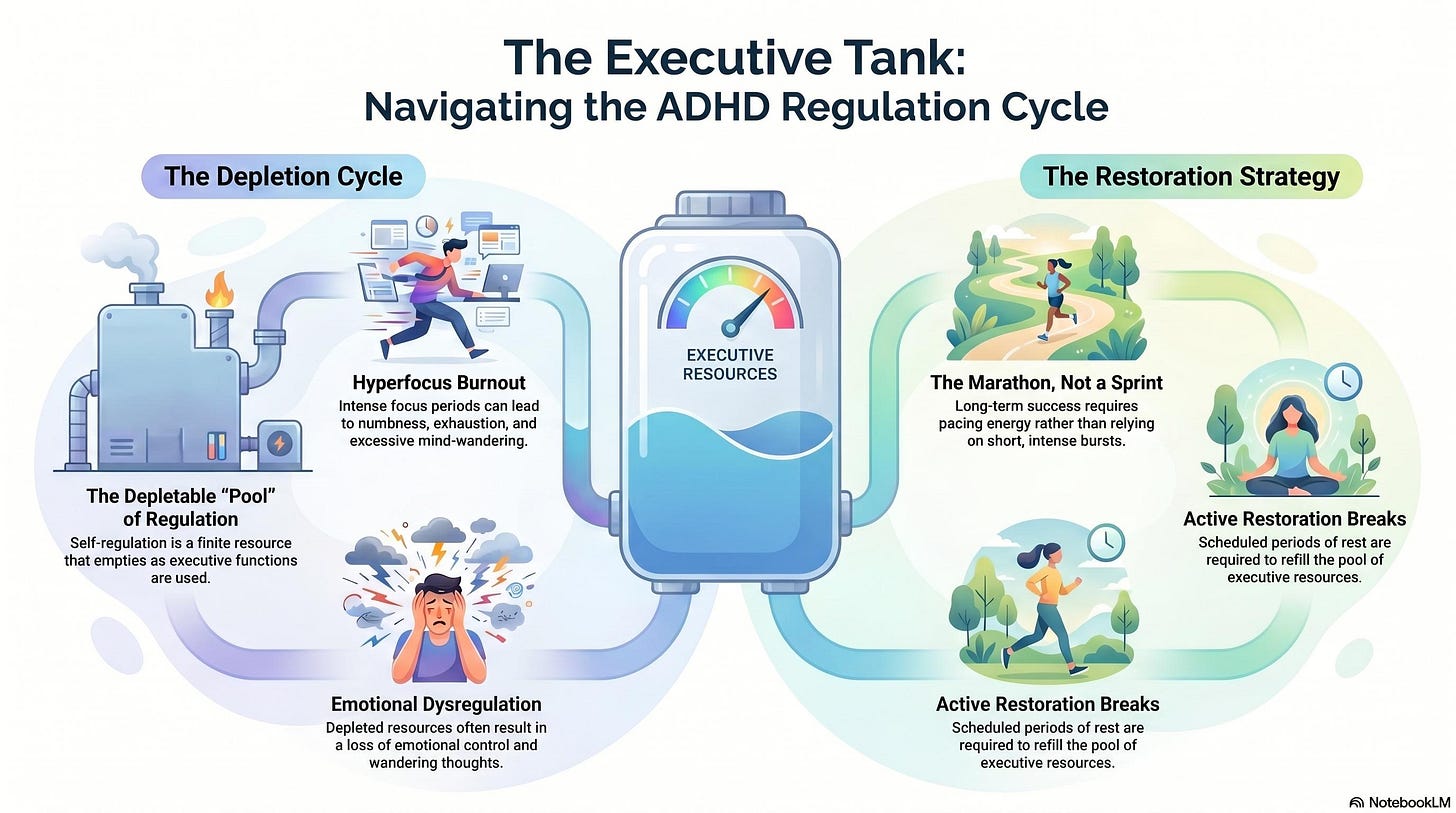 Infographic titled “The Executive Tank” showing ADHD self-regulation as a refillable tank, contrasting depletion through hyperfocus burnout and emotional dysregulation with restoration through pacing, rest breaks, and marathon-like energy management.