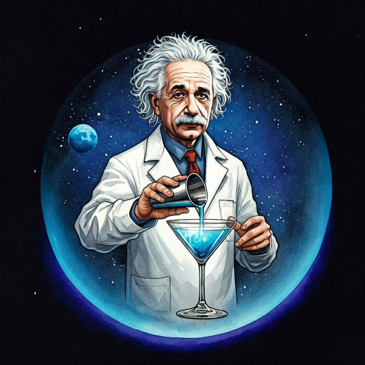 Imaginary orb with an Albert Einstein look-a-like in his lab coat mixing a martini.