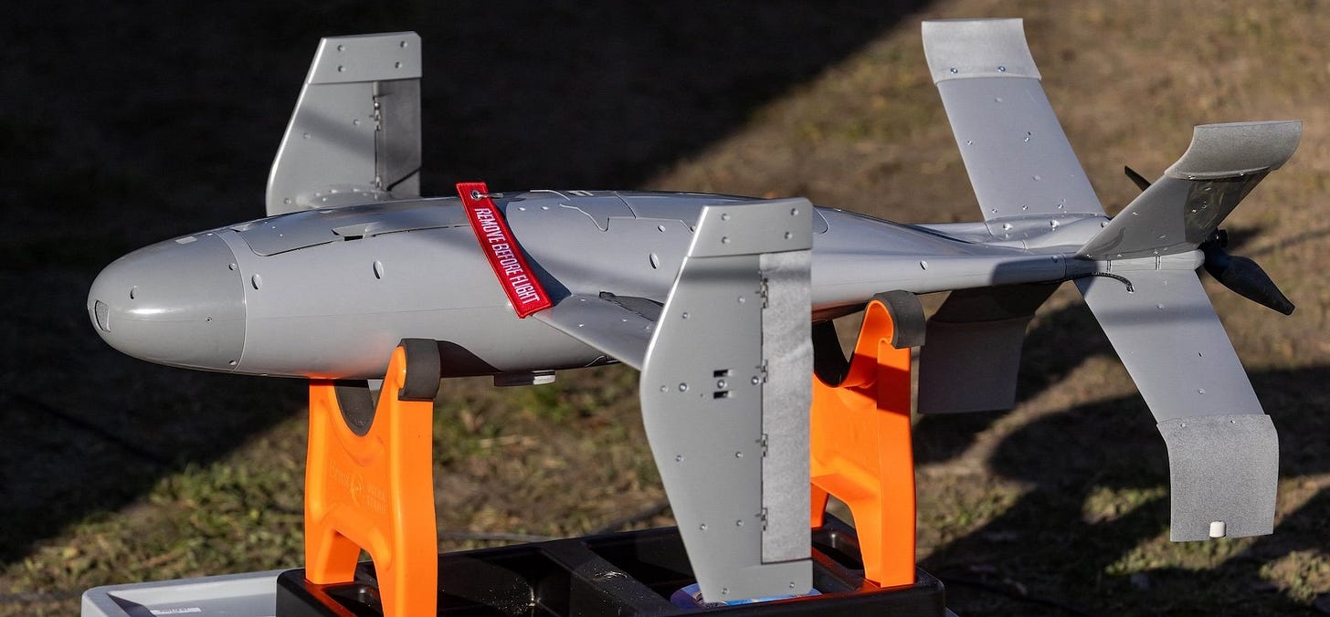An interception drone of the American MEROPS counter drone system is seen during tests at the Nowa Deba military training ground, south-eastern Poland, on November 18, 2025. An interception drone of the American MEROPS counter drone system is seen during tests at the Nowa Deba military training ground, south-eastern Poland, on November 18, 2025.