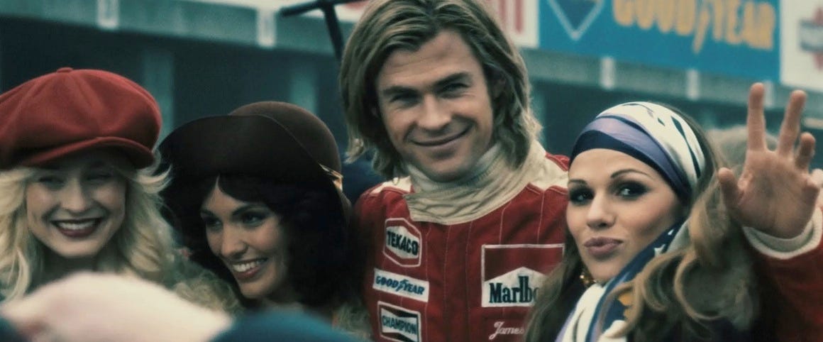Chris Hemsworth as James Hunt in Ron Howard's Rush (2013).