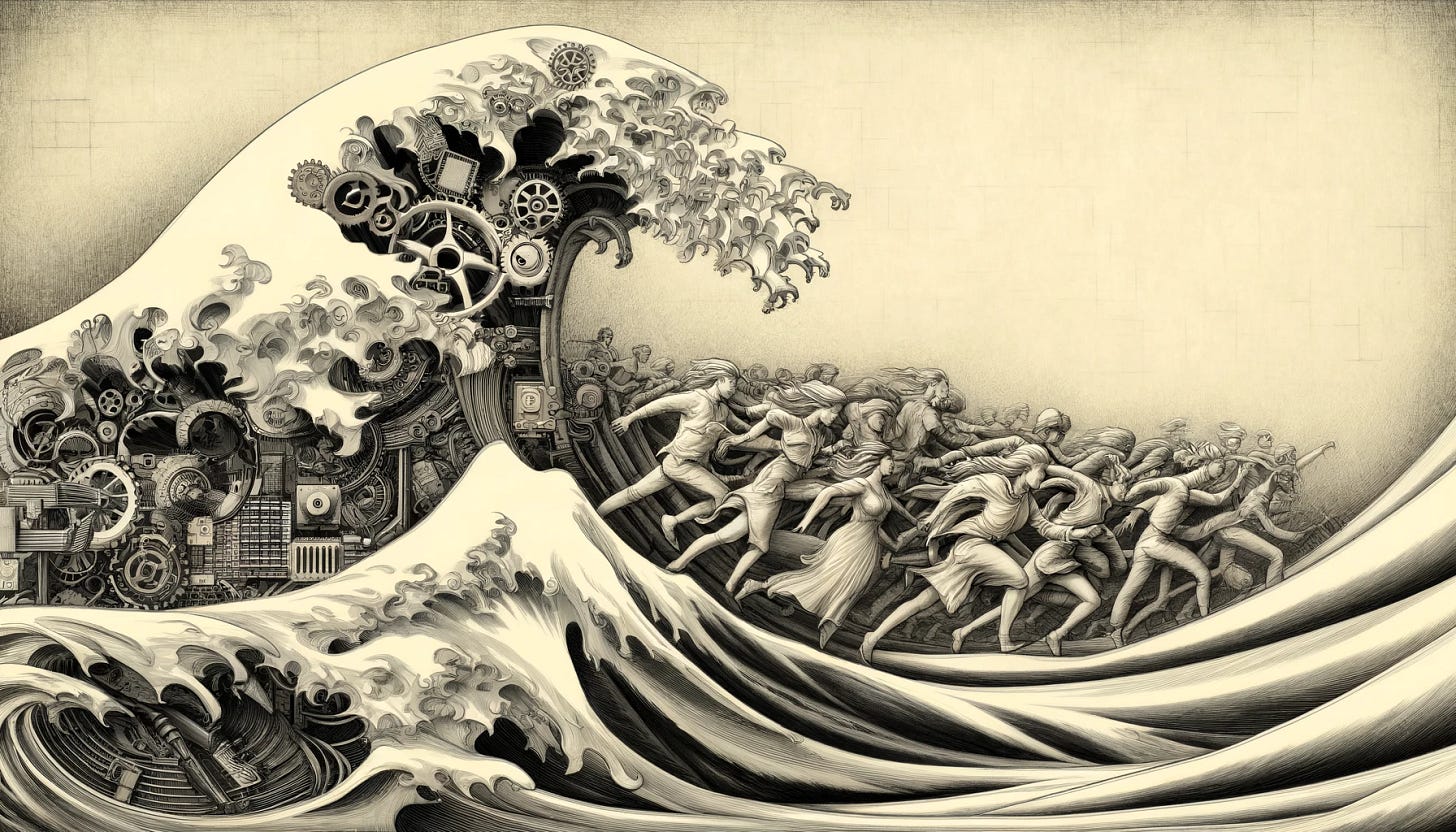 Art Nouveau graphite gesture drawing: A great wave made of twisting gears and various computer components rises menacingly in the background, while a group of people are depicted running ahead of it, clearly out in front, all wearing clothes typical of the Art Nouveau era. The wave, resembling Hokusai's famous wave, swirls with intricate gears, circuit boards, and other technological elements. The foreground features multiple figures in dynamic poses and elegant, flowing outfits, rendered in flowing, organic lines typical of Art Nouveau, emphasizing movement and urgency. The composition highlights the tension and rapid change in the modern digital age, with humans racing against the mechanical wave.