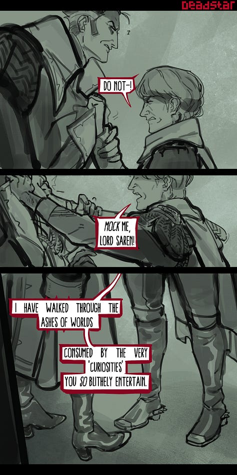 Here's how that dynamic plays out visually when Saren faces genuine concern from a subordinate, using Heinrix from the Owlcat CRPG