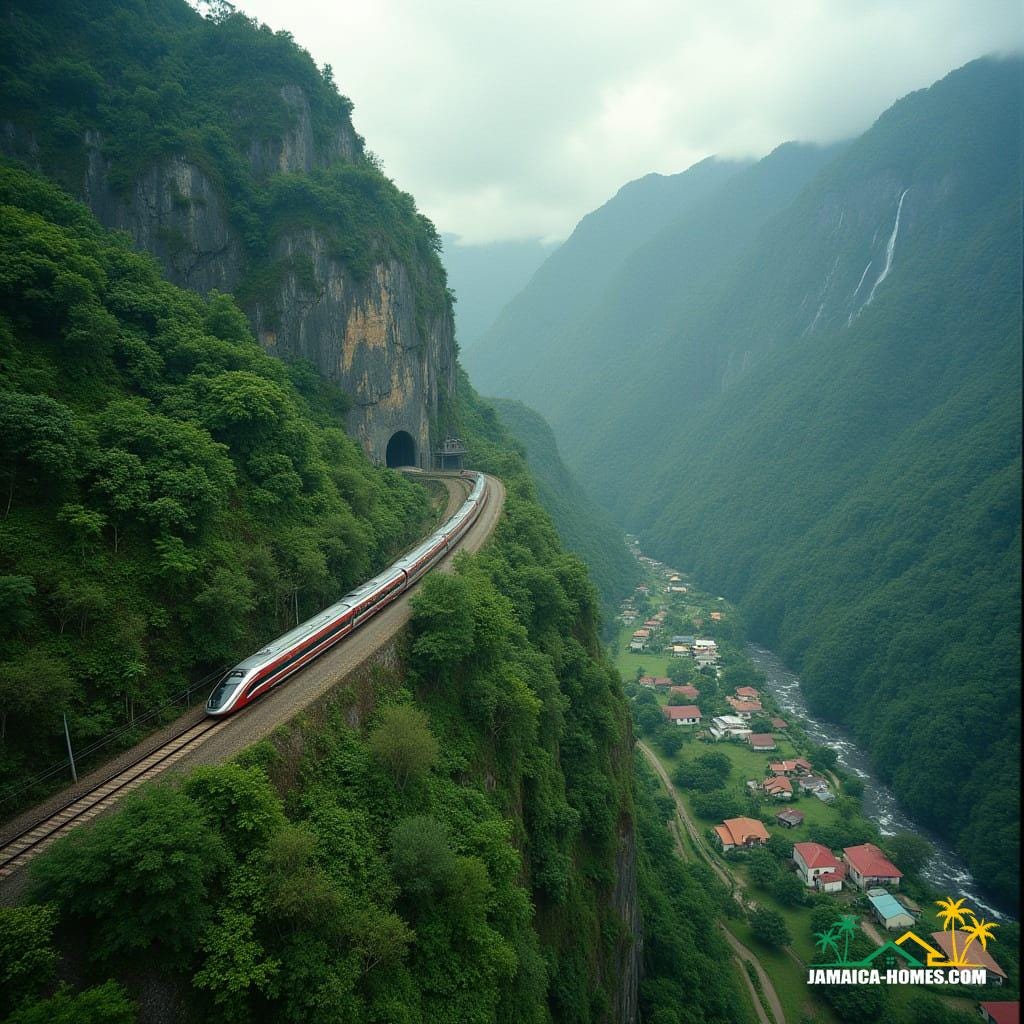  Cinematic film still of a sleek, modern high-speed train running parallel to a winding old road between Ocho Rios and Kingston. Steep, lush green mountains with dramatic waterfalls cascading down sheer cliffs dominate the background. A vibrant river cuts through a deep valley below. Patches of fertile farmland and quaint small villages are visible from an aerial perspective. The train is captured dynamically as it emerges from a tunnel and curves around a dramatic mountain edge. Shot on v-raptor XL, film grain, vignette, color graded, post-processed, cinematic lighting, 35mm film, live-action, best quality, atmospheric, a masterpiece, epic, stunning, dramatic.