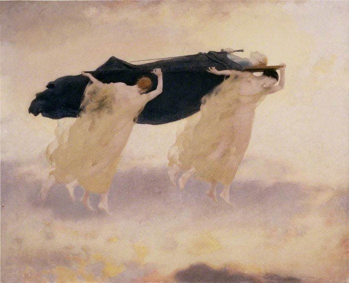 This may contain: three women in white dresses are flying through the air with their arms around each other