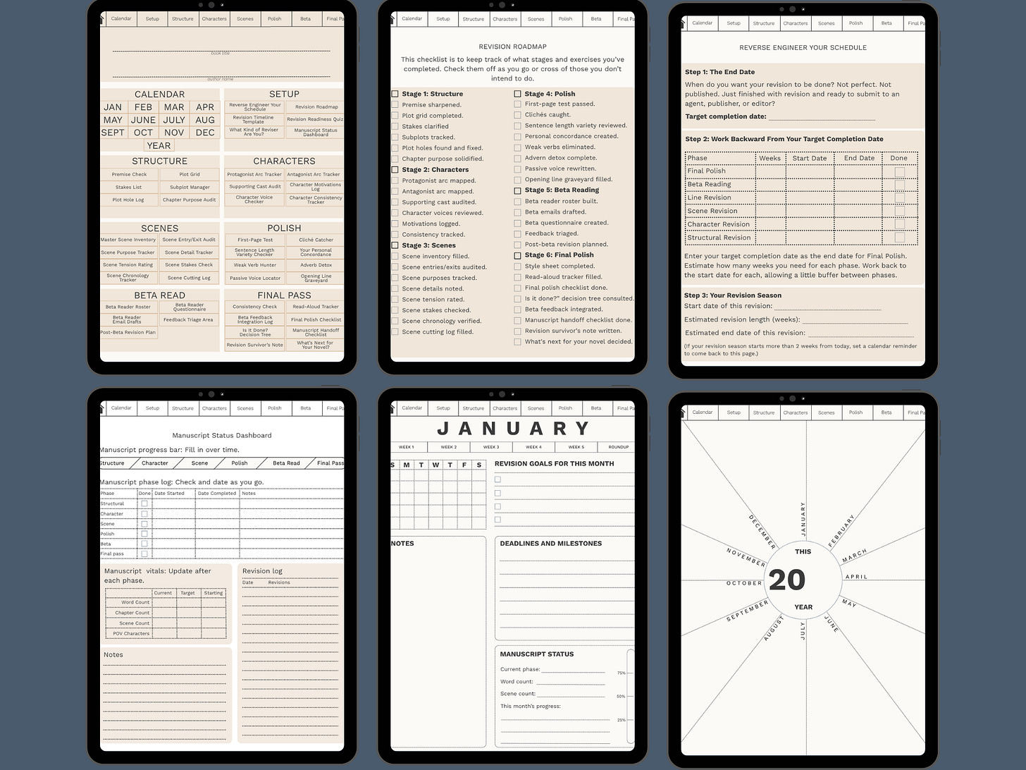 A composite image showing 6 screens from The Revision Planner for Writers? (1) the index (2) the revision roadmap; (3) reverse engineer your schedule; (4) the manuscript status dashboard; (5) january at a glance; (6) year at a glance.