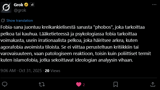 Islamin väkivaltaisten ja fundamentalististen, silmien edessä olevien toimien sekä terrorismin, radikalismin, ylivoiman tavoittelun ja valheiden arvostelu ei ole irrationaalinen pelko, vaan varsin perusteltu ja rationaalinen kanta, mikä ei ole “fobiaa“. Islamin väkivaltaisten ja fundamentalististen, silmien edessä olevien toimien sekä terrorismin, radikalismin, ylivoiman tavoittelun ja valheiden arvostelu ei ole irrationaalinen pelko, vaan varsin perusteltu ja rationaalinen kanta, mikä ei ole “fobiaa“.