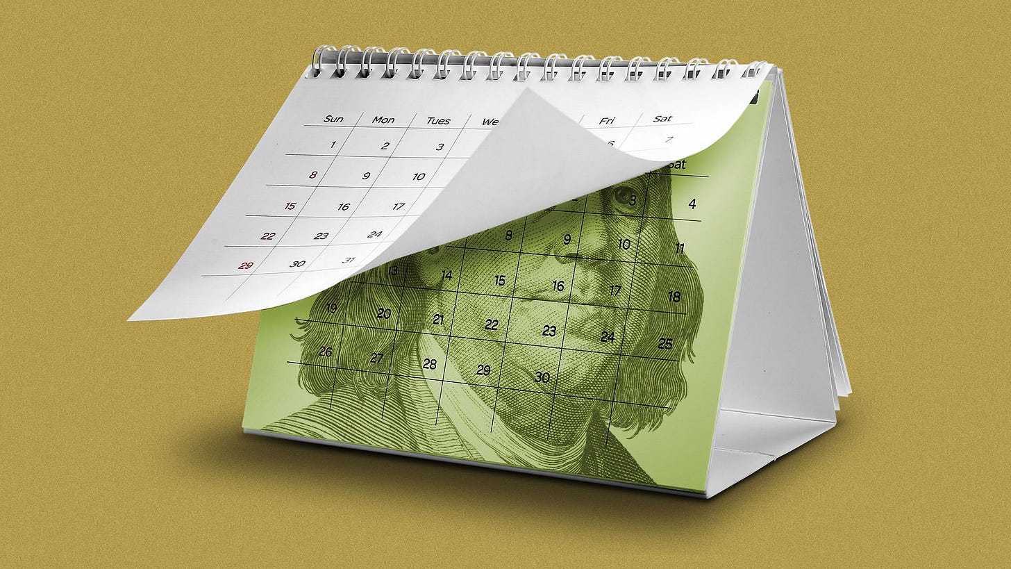 Illustration of a tabletop calendar with a page turned revealing Benjamin Franklin