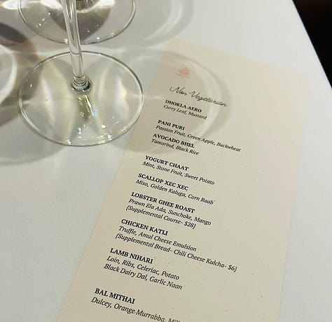 Snapshots of a tasting menu at Indienne in Chicago. Small plates with colorful food and a snapshot of the menu itself listing interesting twists on haute Indian cuisine as prepared by Chef Sujan Sukar