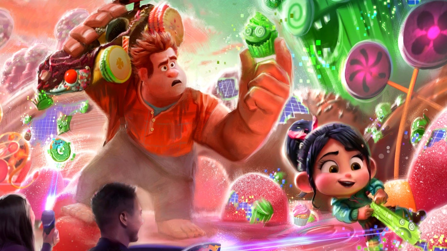 Concept art of Ralph and Vanellope in Sugar Rush: Sweet Rescue at Tokyo Disneyland. Image: Disney Concept art of Ralph and Vanellope in Sugar Rush: Sweet Rescue at Tokyo Disneyland. Image: Disney