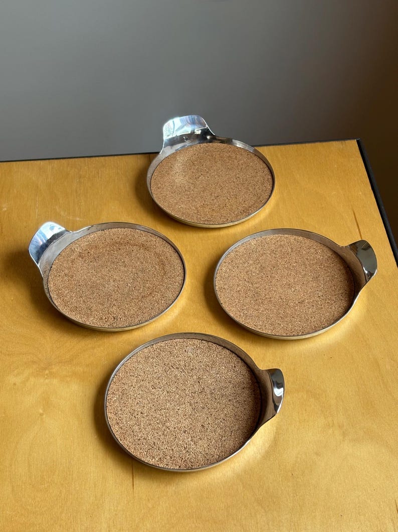 2000s Modern Set of Four Stainless Steel and Cork Coasters by Michael Graves Design image 1