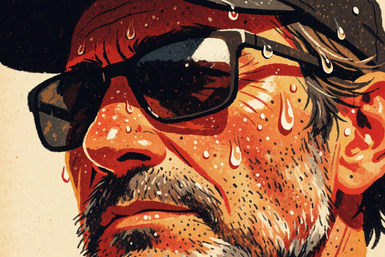 Extreme close-up on the face of a 50-year-old white British man, scruffy salt-and-pepper beard, wearing dark sunglasses and a black cap, exaggerated sweating. Very bright and intense sunshine. Stylised illustration, unusual angle, three-quarter profile, colours that signify intense heat. Extreme close-up on the face of a 50-year-old white British man, scruffy salt-and-pepper beard, wearing dark sunglasses and a black cap, exaggerated sweating. Very bright and intense sunshine. Stylised illustration, unusual angle, three-quarter profile, colours that signify intense heat.
