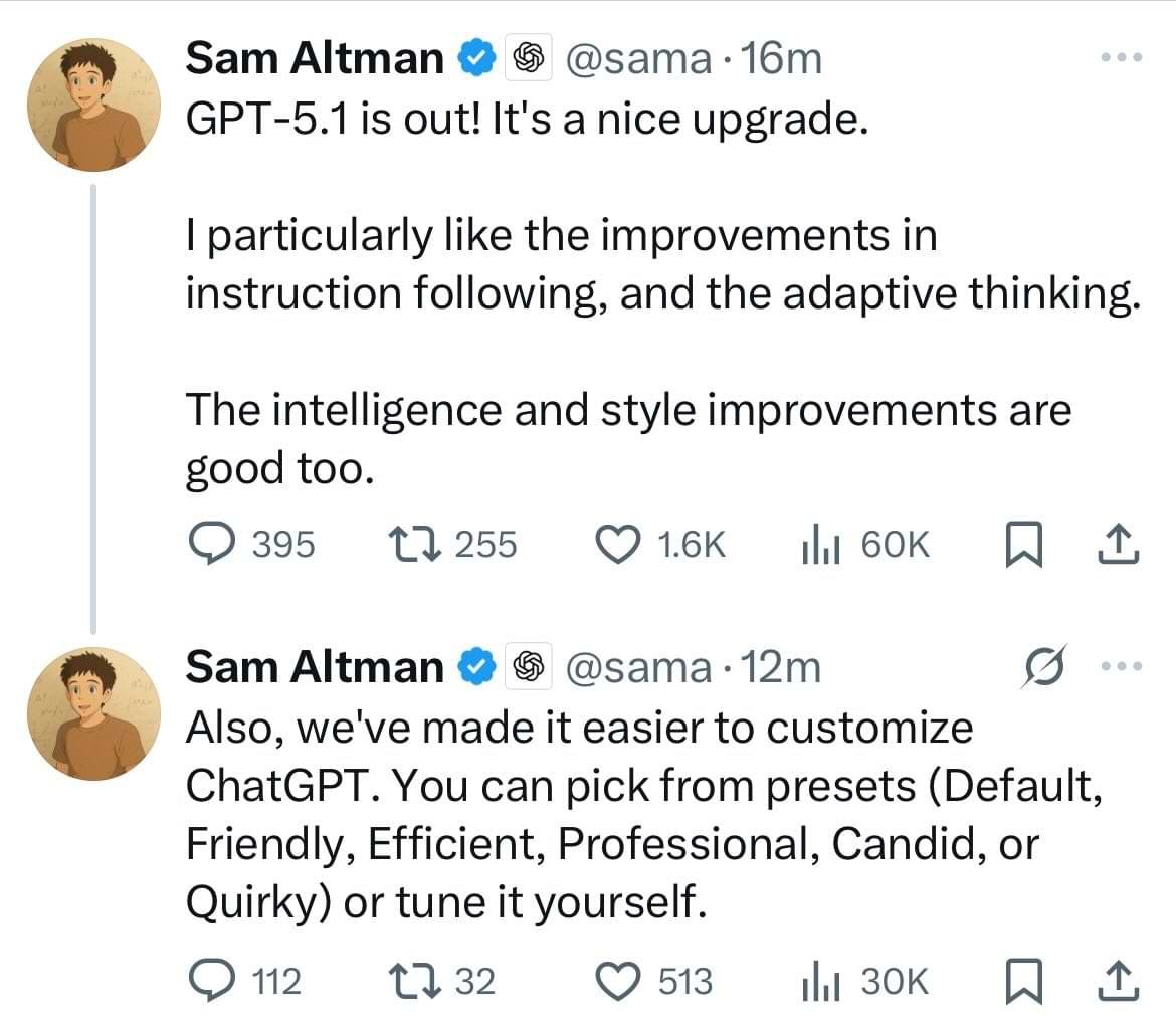Screenshot of Sam Altman’s tweets announcing GPT-5.1, highlighting improvements to instruction following, adaptive reasoning, and customizable personality presets for ChatGPT—including options like Friendly, Professional, and Quirky.