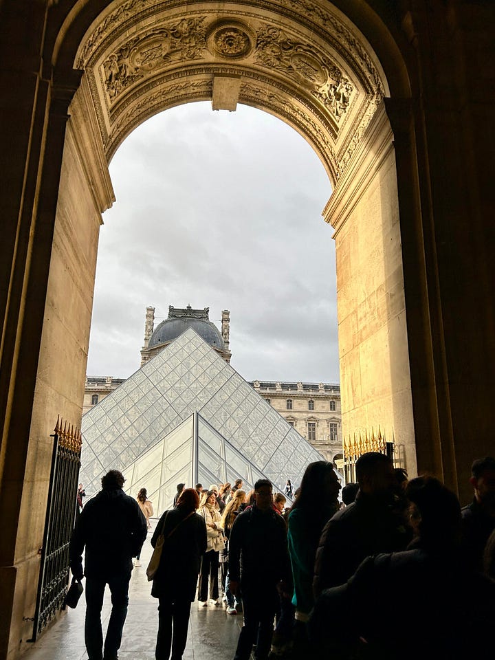 outside left view of the louvre and interior of louvre