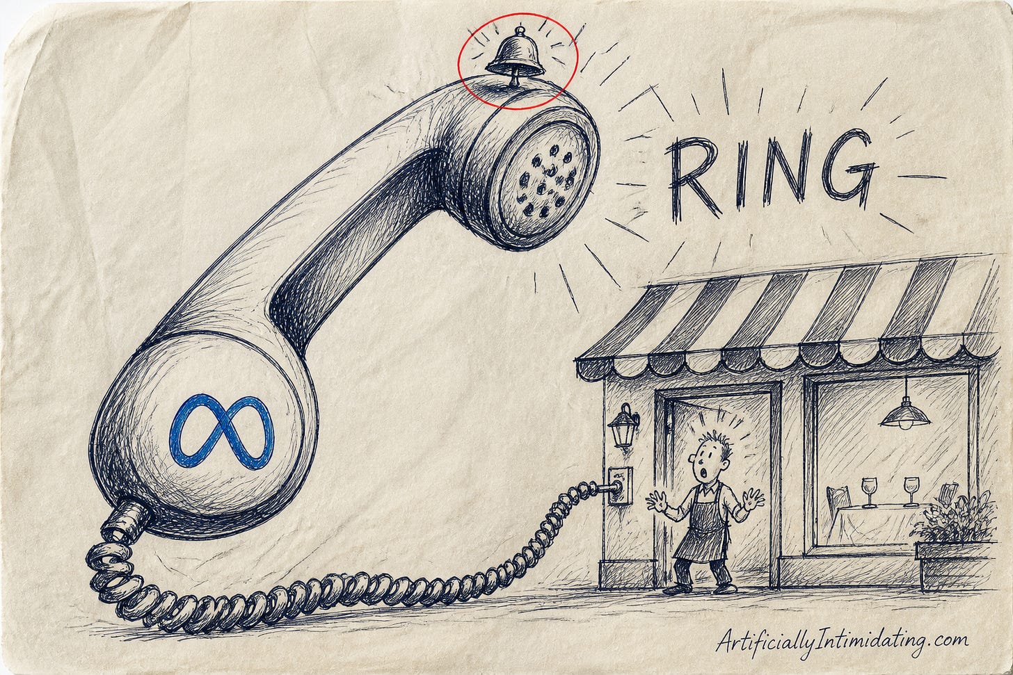 Hand-drawn sketch of a giant ringing telephone handset stamped with Meta's blue infinity-loop logo, cord stretching toward a startled restaurant host in a doorway.