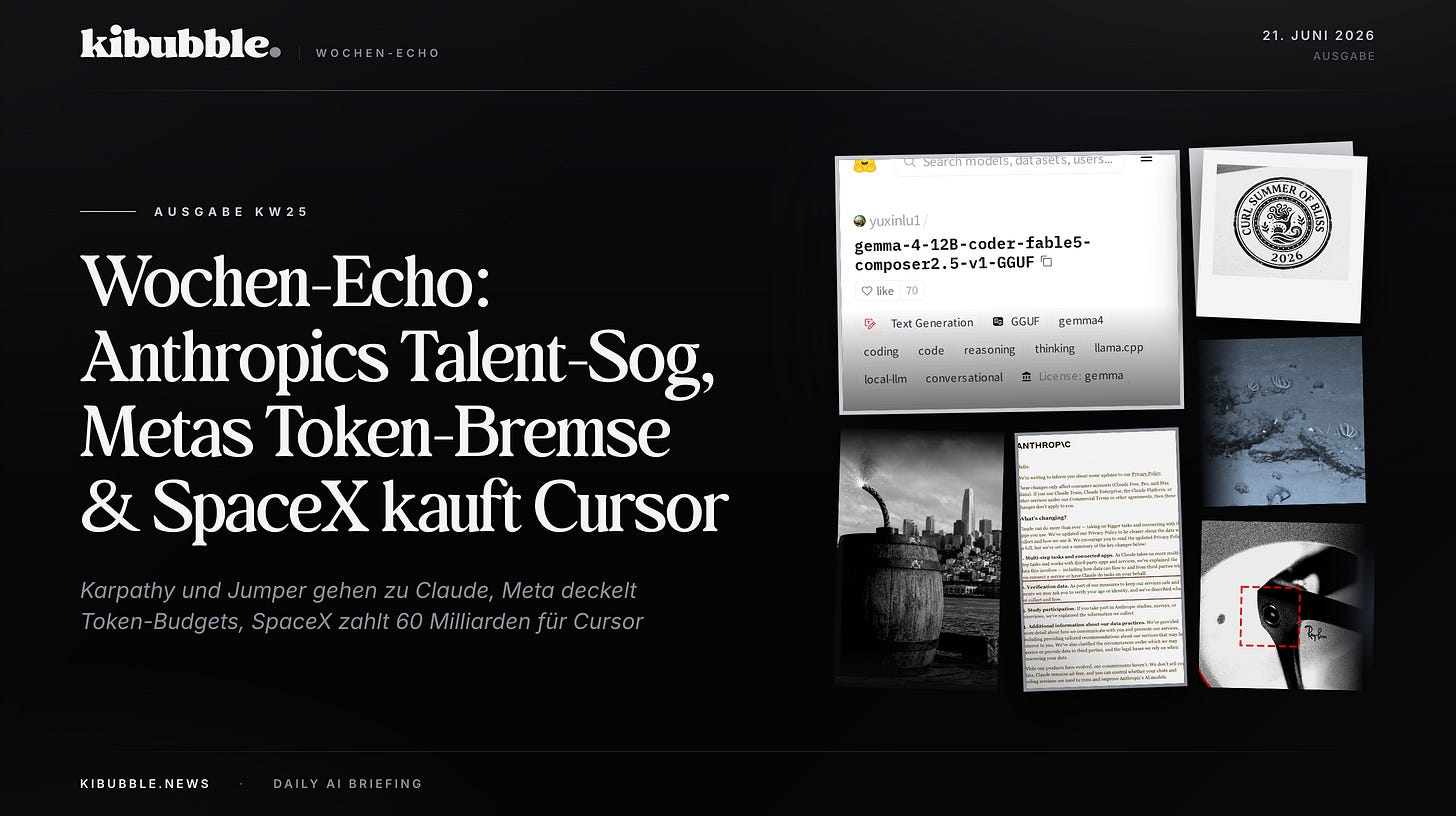 Wochen-Echo: Anthropics Talent-Sog, Metas Token-Bremse & SpaceX kauft Cursor Wochen-Echo: Anthropics Talent-Sog, Metas Token-Bremse & SpaceX kauft Cursor