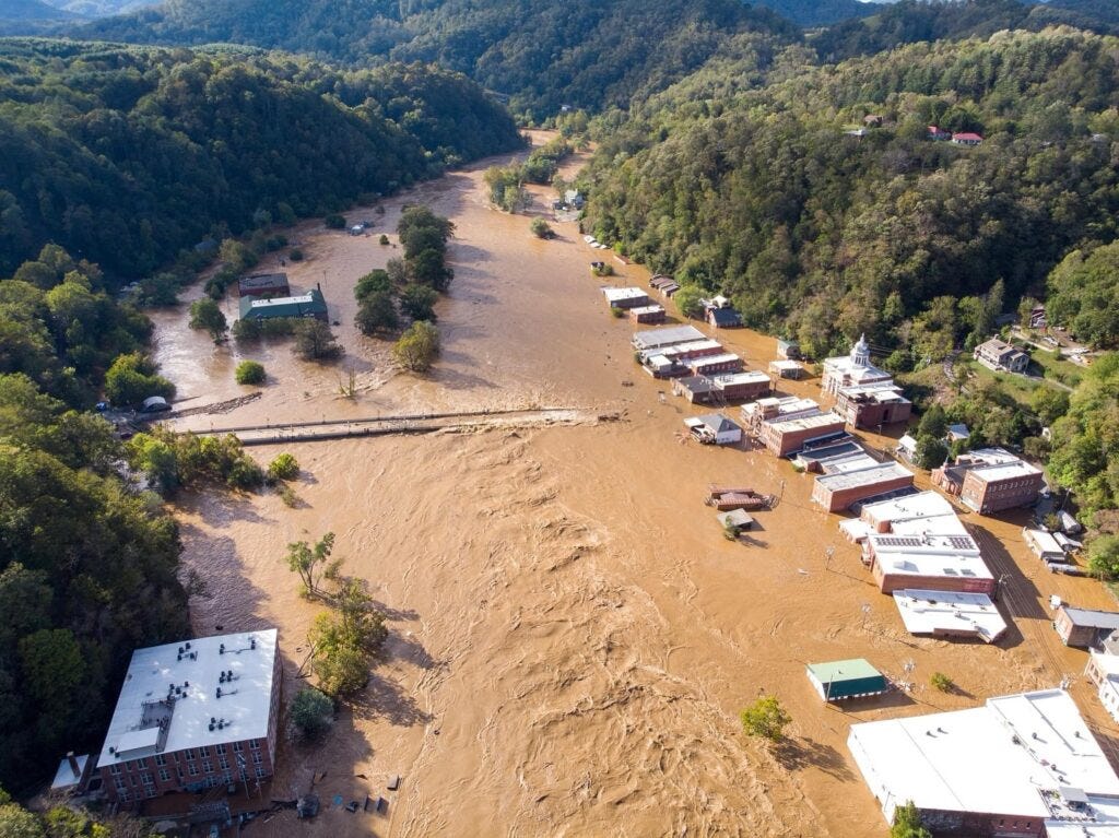 An aerial photo of flooding in downtown Marshall, NC An aerial photo of flooding in downtown Marshall, NC