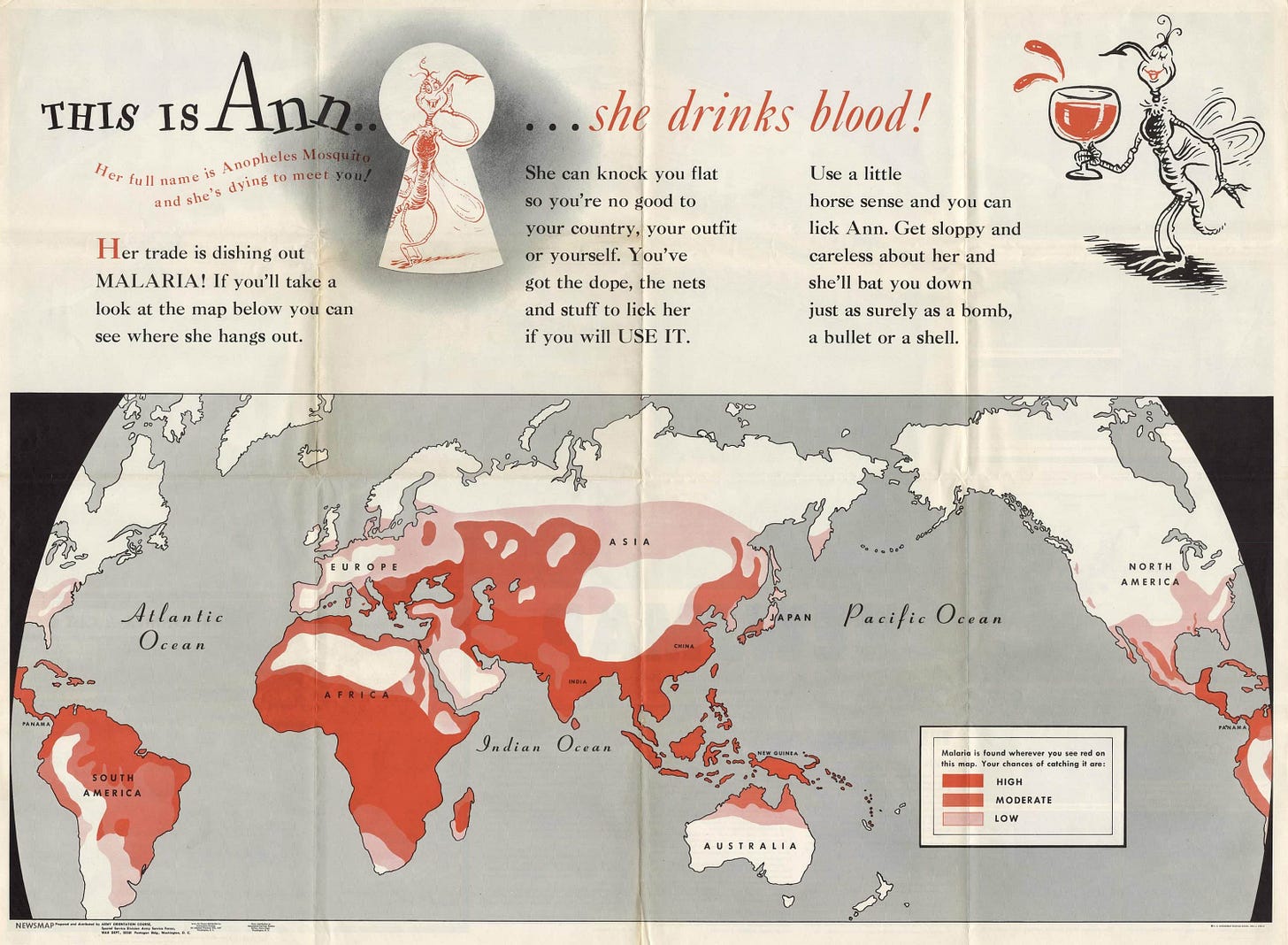 World War II anti-malaria poster by Doctor Seuss - Rare & Antique Maps