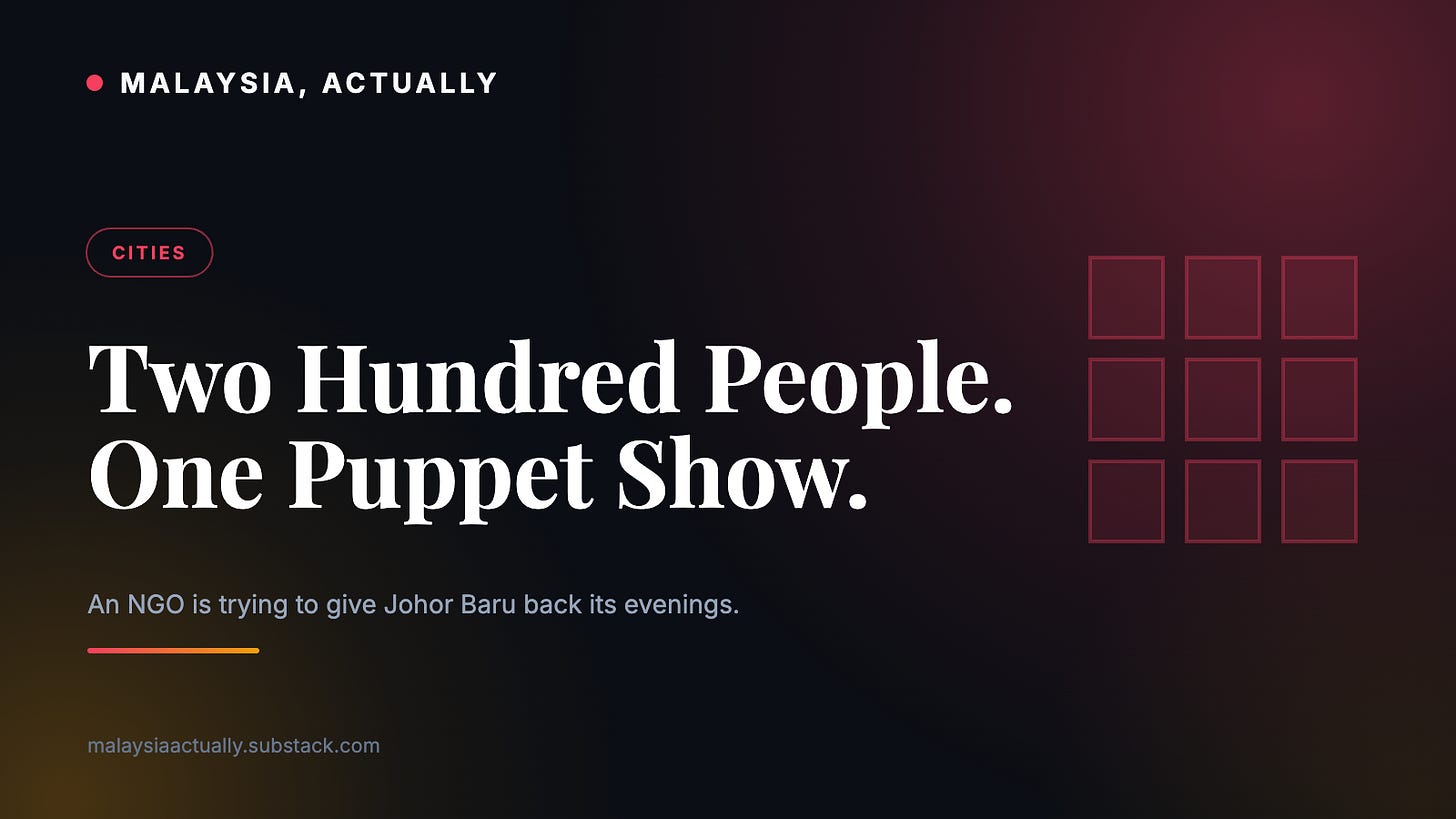 Rose title card reading Two Hundred People One Puppet Show, with a shophouse window grid and the Malaysia, Actually masthead Rose title card reading Two Hundred People One Puppet Show, with a shophouse window grid and the Malaysia, Actually masthead