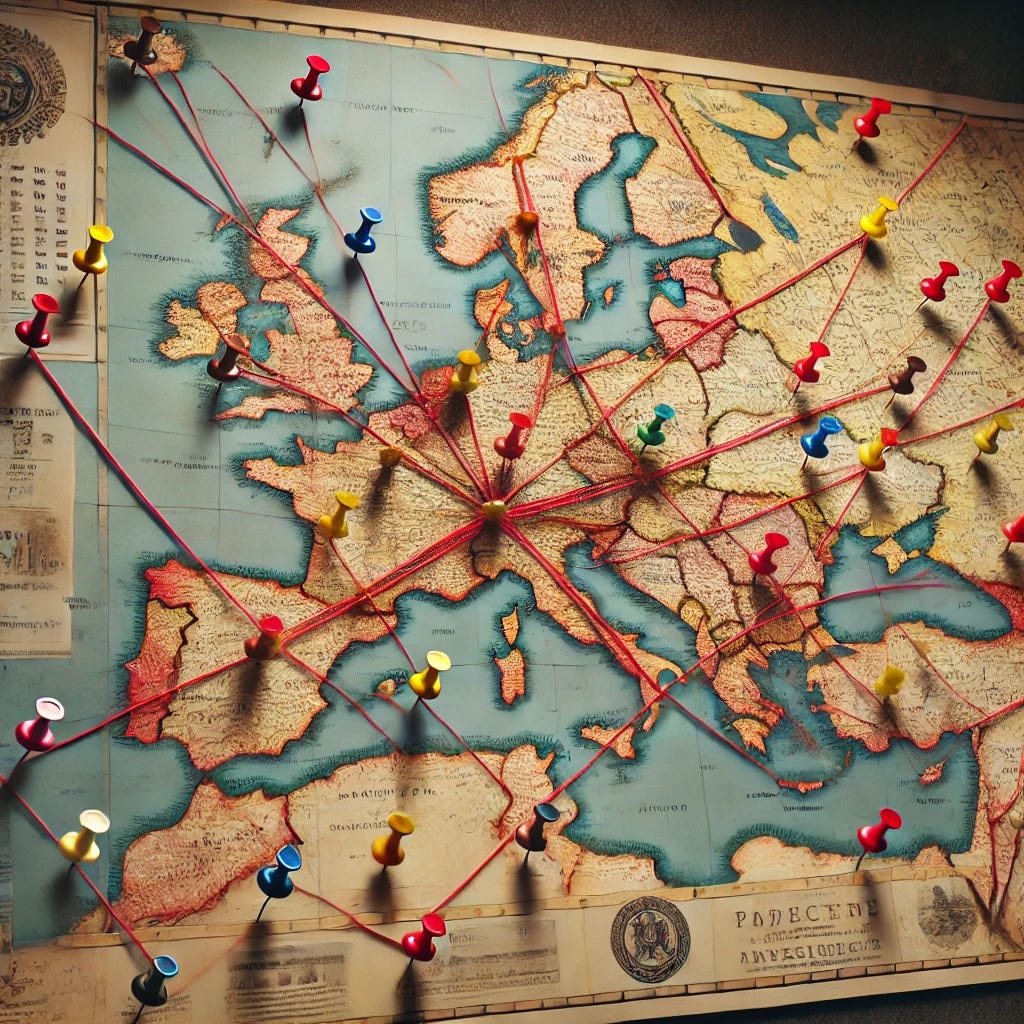 A detailed map pinned to a wall with several colorful pushpins connected by red threads, resembling a detective's investigation board. The map features geographical regions, roads, and notable landmarks. The pushpins are in different colors, and the red threads interconnect them in a web-like pattern, giving the impression of tracking connections or events. The setting is a dimly lit room with a vintage aesthetic.